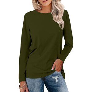 🆕 Women Green Casual Long Sleeve Tunics Tops Crew Neck Shirts Loose Fit Stylish